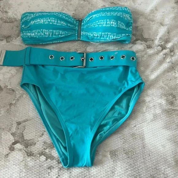 MICHAEL KORS Zip Front Bandeau Kyoto Stripe Turquoise Top and High Waist Bottom - Picture 6 of 10